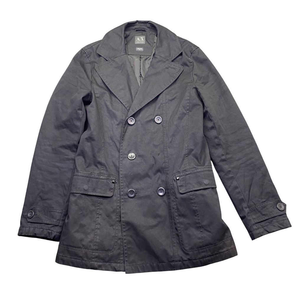 Armani Exchange AX Mens Black Double Breasted Pea Coat Jacket Size Small 25936